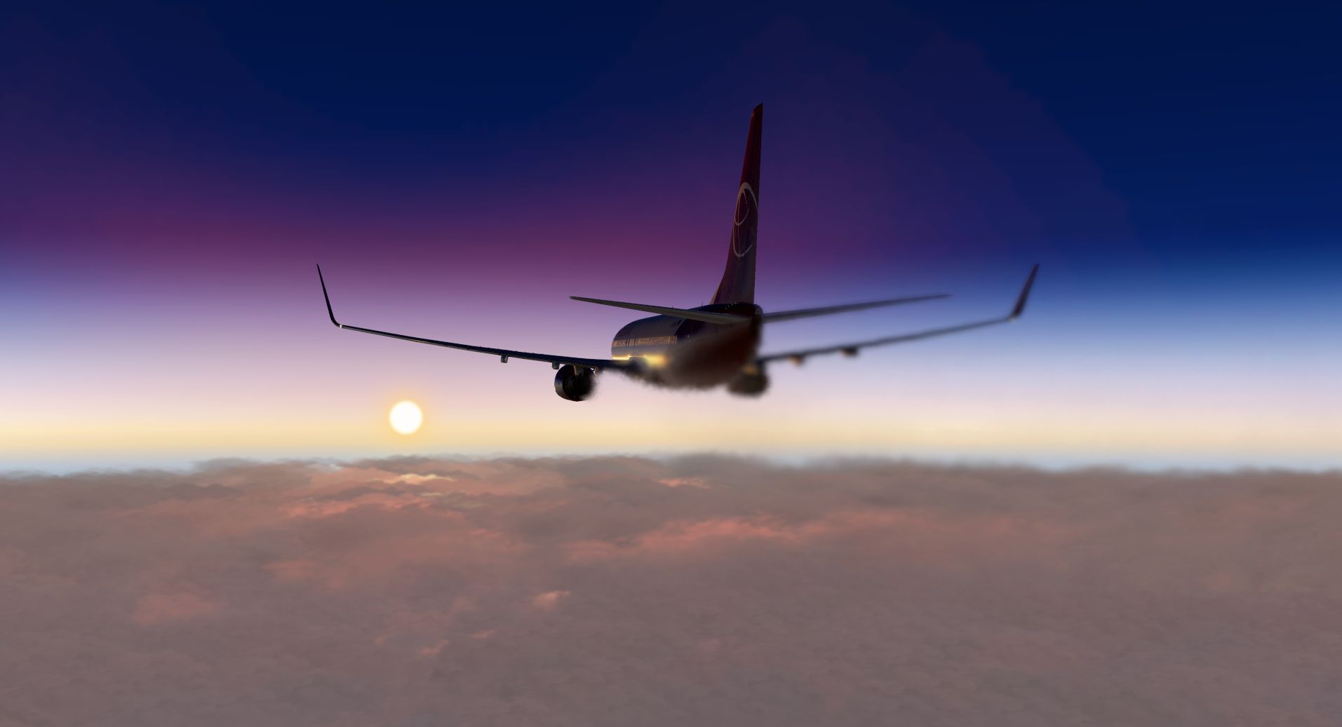 A Boeing 737 cruising above a solid overcast layer at sunset in X-Plane 11 with Active Sky XP driving the weather — the clouds are X-Plane’s own, which is the point. (Image: HiFi Technologies)